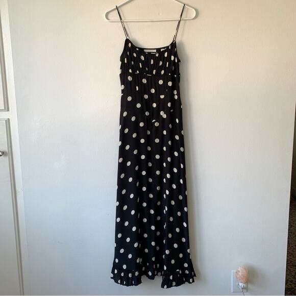 Doen Rosaria Silk Polka Dot Ruched Bust Midi Maxi Dress Solstice Sky Black - Picture 9 of 15